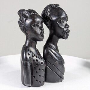 Pair of 5.5" Hand-Carved African Ebony Busts, Vintage hardwood Shona Tribe